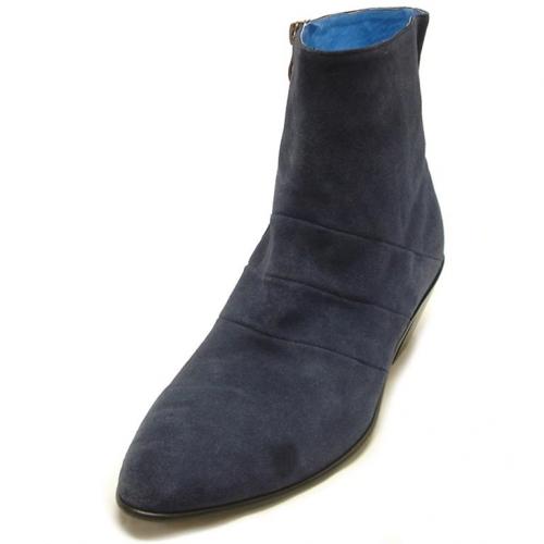 Fiesso Navy Blue Genuine Suede Boots With Zipper On The Side FI6625-S
